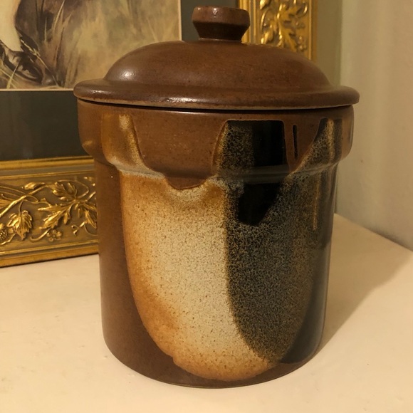 8037 Vintage Pottery Craft Jar with Lid Cocoa Brown Tan Black Knobbed Lid - Picture 12 of 13